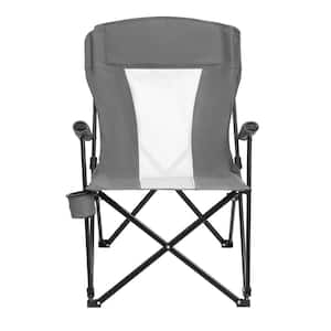 Metal Outdoor Folding Mesh Quad Camping Chair, Portable Camping Stool with Cup Holder and Carry Bag in Grey