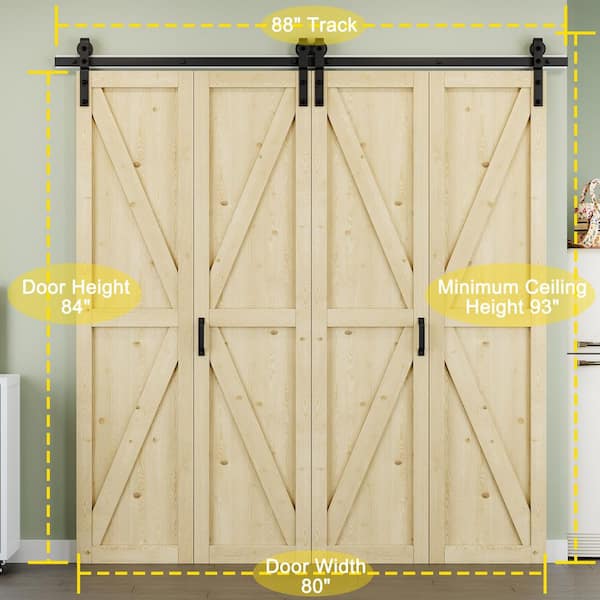 80 in. x 84 in. Paneled K Shape Solid Pine Wood Unfished Bi-Fold Sliding Barn Door with Hardware Kit and Handle