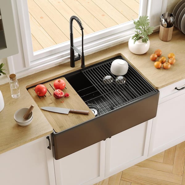 33 in. Fireclay Single Bowl Farmhouse Apron Undermount Workstation Kitchen Sink in Matte Black with Accessories