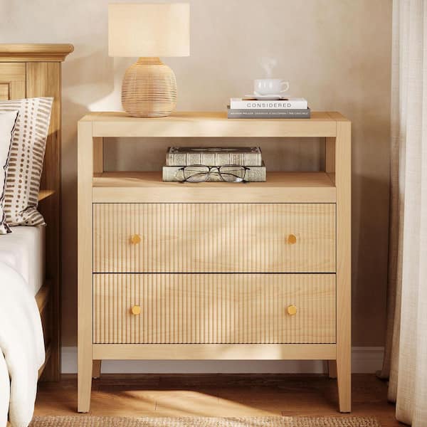 Fenley Oak 2-Drawer 29.53 in. W Nightstands, Wood Bedside Table Modern Nightstands with Storage for Bedroom, Living Room