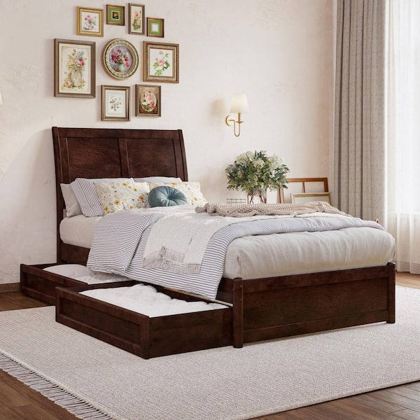 AFI Andorra Walnut Brown Solid Wood Frame Twin XL Platform Bed with Panel Footboard and Storage-Drawers