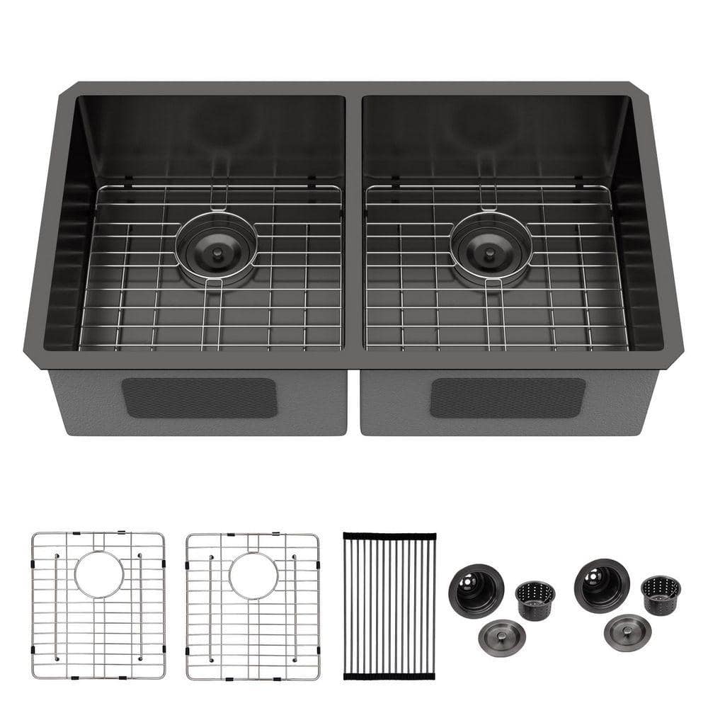 Logmey 33 in. Undermount Double Bowl 50/50 Sink Gunmetal Black 16
