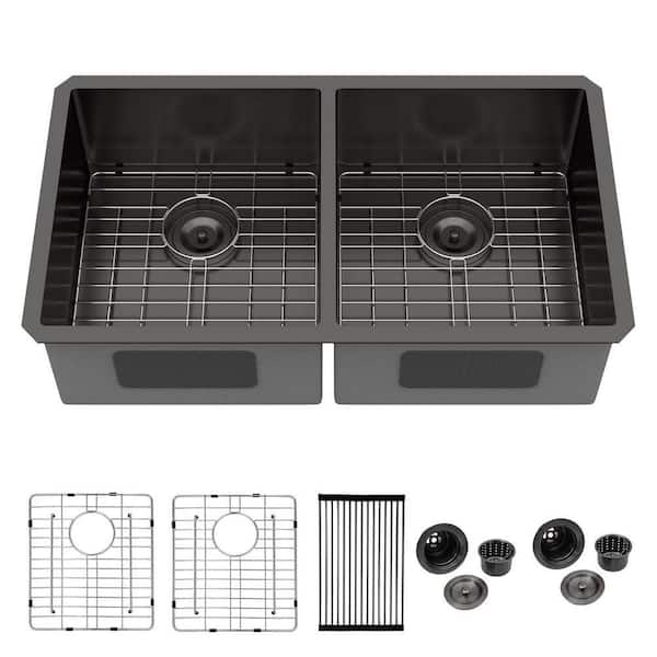 33 in. Undermount Double Bowl 50/50 Sink Gunmetal Black 16-Gauge Stainless Steel Kitchen Sink with Nano Coating