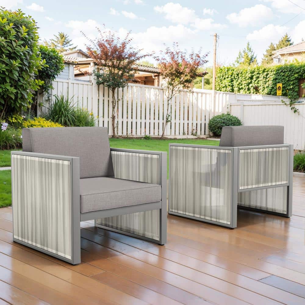 Opohoro SquareChic Metal and Light Beige Wicker Outdoor Lounge Chair with Olefin Dark Gray Cushions (2-Pack)