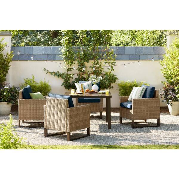 Hampton Bay Park Heights 5-Piece Wicker Square Outdoor Dining Set with Navy Cushions