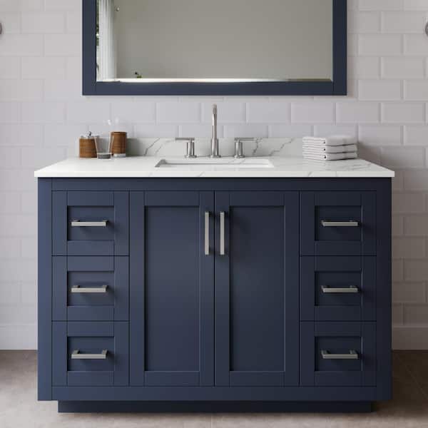 Wyndham Collection Miranda 48 in. W x 22 in. D x 33.75 in. H Single Bath Vanity in Dark Blue with Giotto Quartz Top and 46 in. Mirror