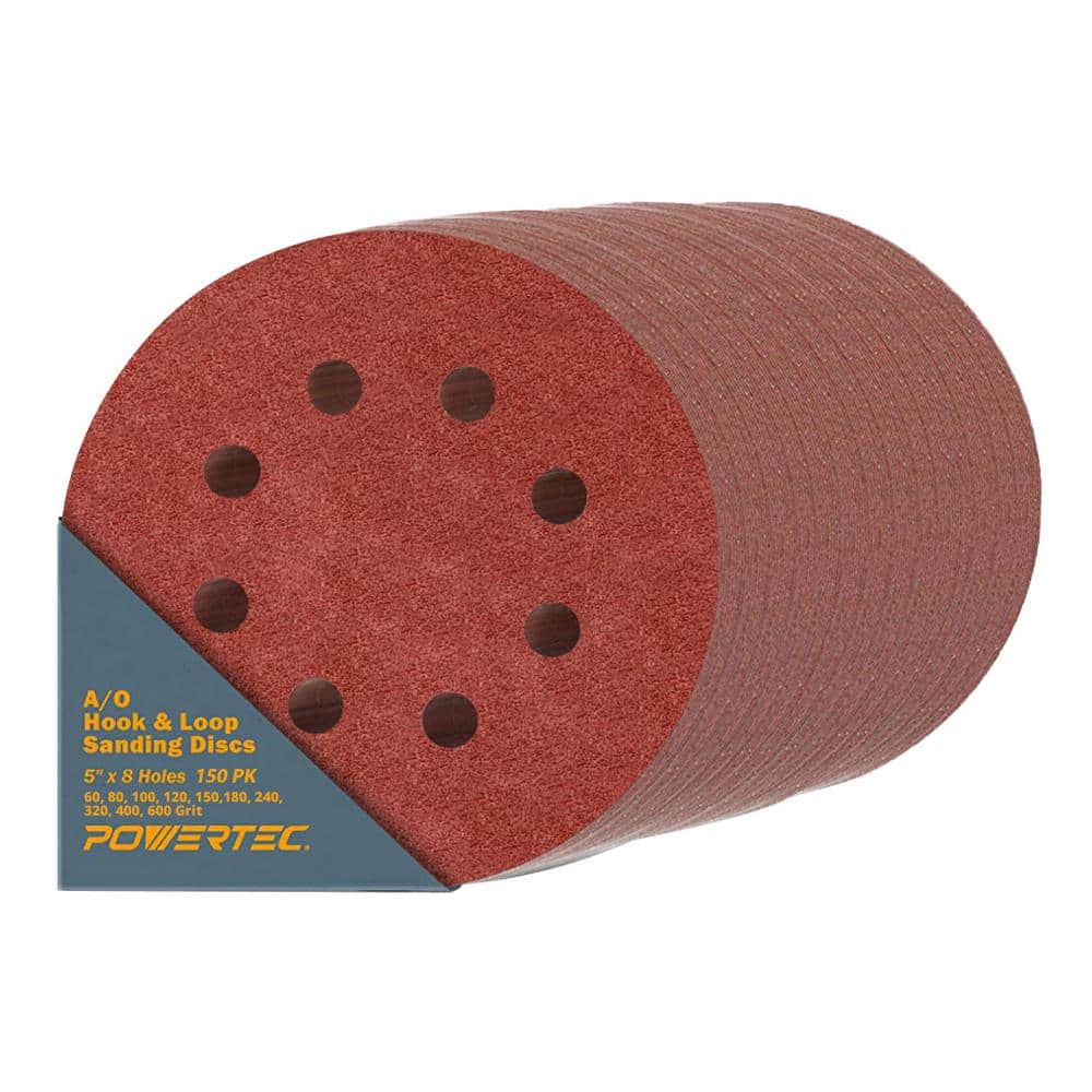 POWERTEC 5 in. 8 Hole Hook and Loop Sanding Discs, 60/80/100/120