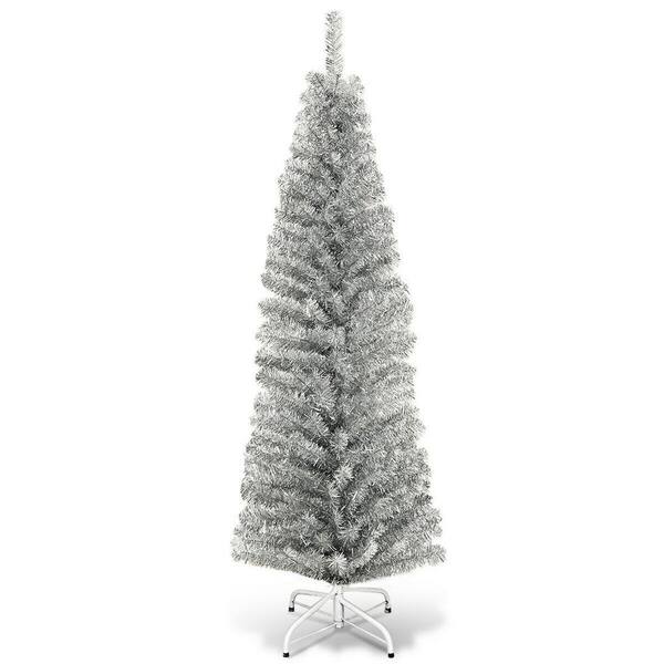 WELLFOR 6 ft. Silver Unlit Full PET Pencil Artificial Christmas Tree with Electroplated Technology and Solid Metal Stand