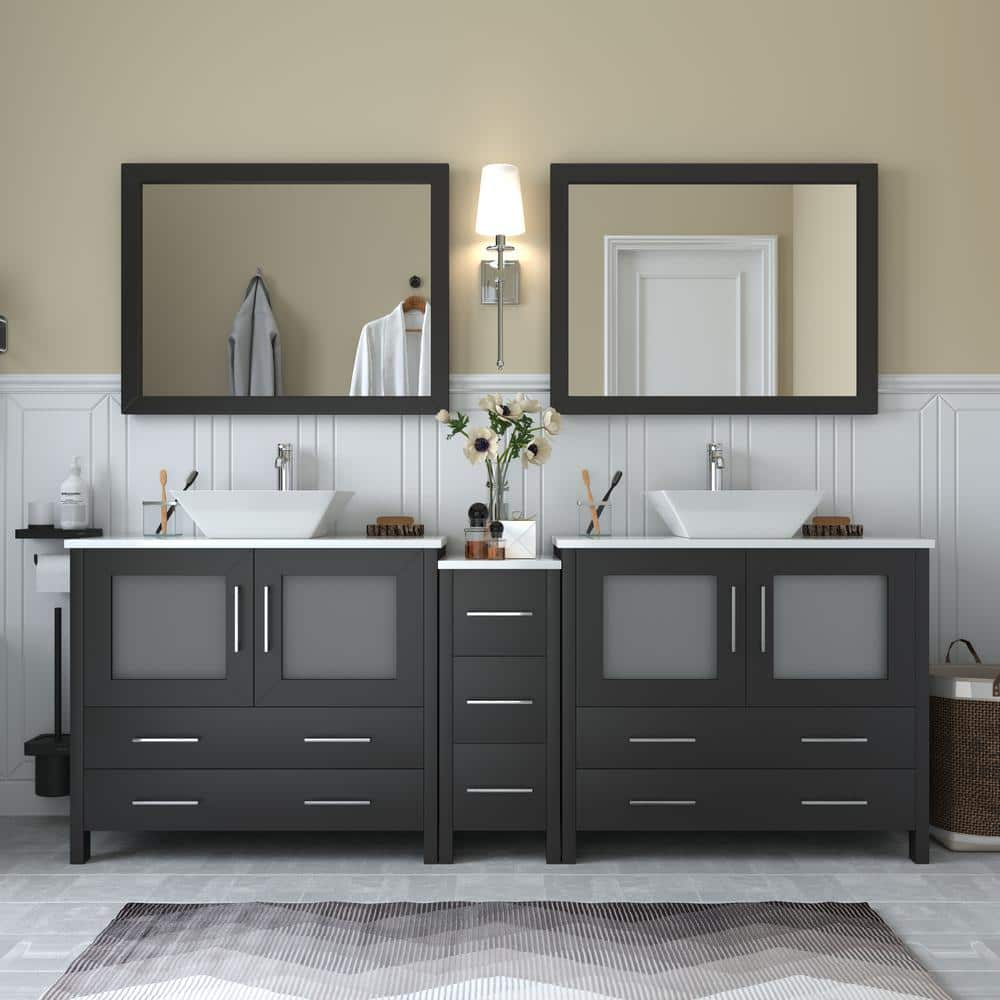 Ravenna 84 in. W Bathroom Vanity in Espresso with Double Basin in White Engineered Marble Top and Mirrors -  Vanity Art, VA3136-84E