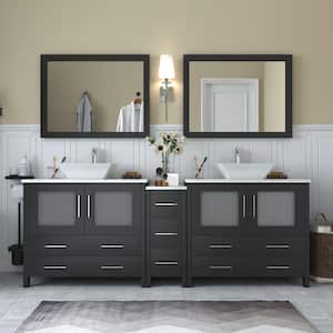 Ravenna 84 in. W Bathroom Vanity in Espresso with Double Basin in White Engineered Marble Top and Mirrors