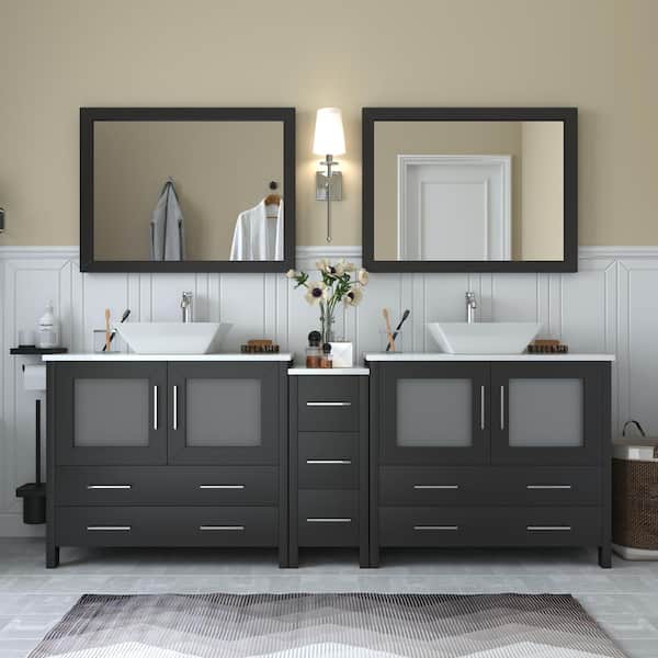 Vanity Art Ravenna 84 in. W Bathroom Vanity in Espresso with Double Basin in White Engineered Marble Top and Mirrors