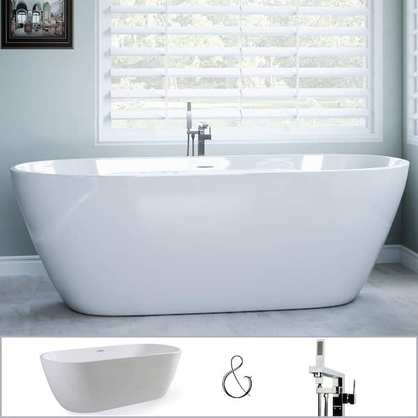 PELHAM & WHITE W-I-D-E Series Woodside 71 in. Acrylic Oval Freestanding Bathtub in White, Floor-Mount Square-Post Faucet in Chrome
