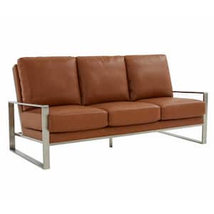 Jefferson 77.1 in. Square Arm Faux Leather Contemporary Modern Rectangle Sofa in Brown