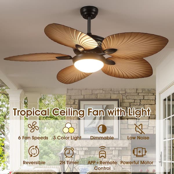 52 in. Indoor/Outdoor Black Retro 5 Palm Leaf Shaped Blades Ceiling Fan with Dimmable LED Light and Remote/APP