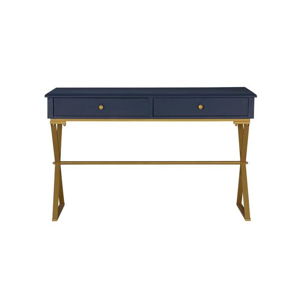Linon Home Decor Becca 47.5 in. Rectangular Blue Gold Wood 2 Drawer Desk with Storage THD00527