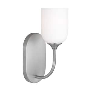 Emile Small 4.625 in. 1-Light Brushed Steel Bathroom Vanity Light with White Etched Glass Shade