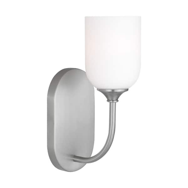 Generation Lighting Emile Small 4.625 in. 1-Light Brushed Steel Bathroom Vanity Light with White Etched Glass Shade
