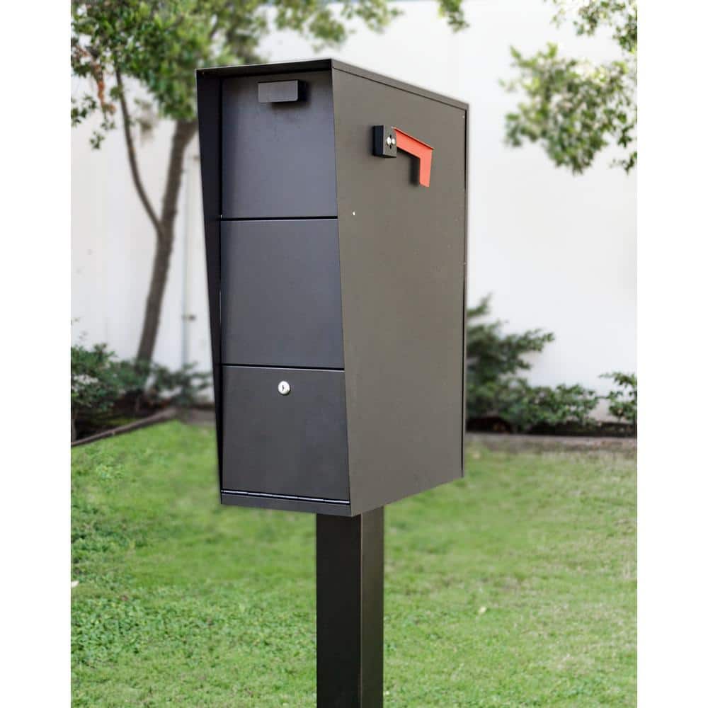Black Steel Locking Post Mount Mailbox with Post