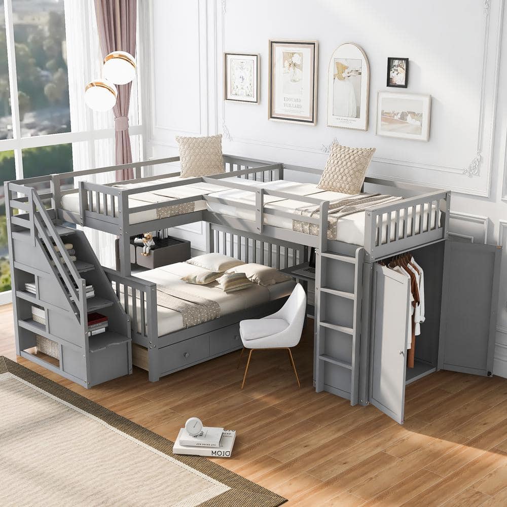 Harper & Bright Designs LShaped Gray TwinTwin Over Full Wood Bunk Bed