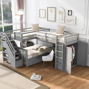L-Shaped Gray Twin-Twin Over Full Wood Bunk Bed with Built-in Storage Staircase, Foldable Desktop, Wardrobe, 3-Drawer