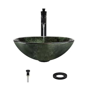 Glass Vessel Sink in Forest Green with 726 Faucet and Pop-Up Drain in Antique Bronze