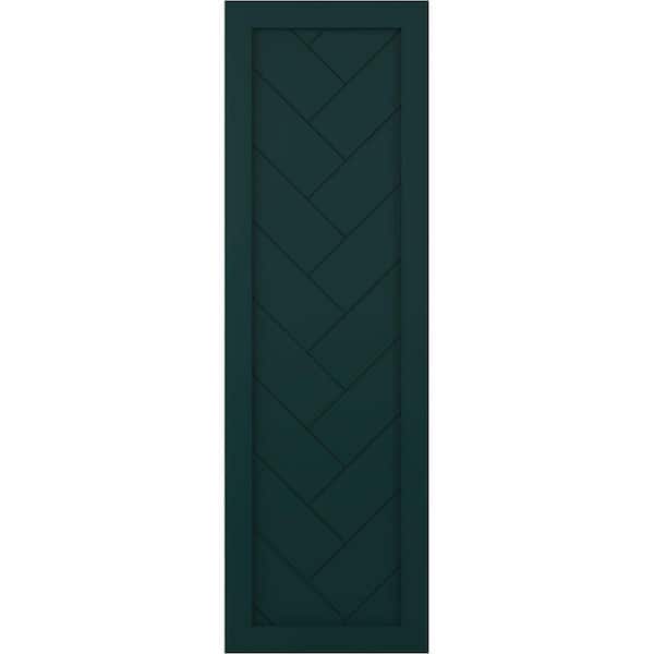 Ekena Millwork 12 in. x 44 in. PVC Single Panel Herringbone Modern Style Fixed Mount Board and Batten Shutters Pair in Thermal Green