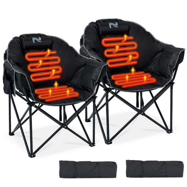 Oversized Heated Camping Chair 3 Heat Levels Heated Moon Folding Chair with Cup Holder and Travel Bag (Black, 2-Pack)