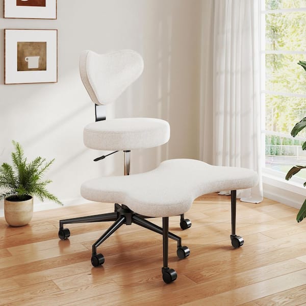 Upholstered Office Chair Ergonomic Cross-Legged Desk Chair with Height Adjustable Wheels Meditation Chair in Off-White