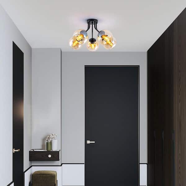20.47 in. 5-Light Modern Matte Black Semi-Flush Mount Ceiling Light with Globe Glass Shades
