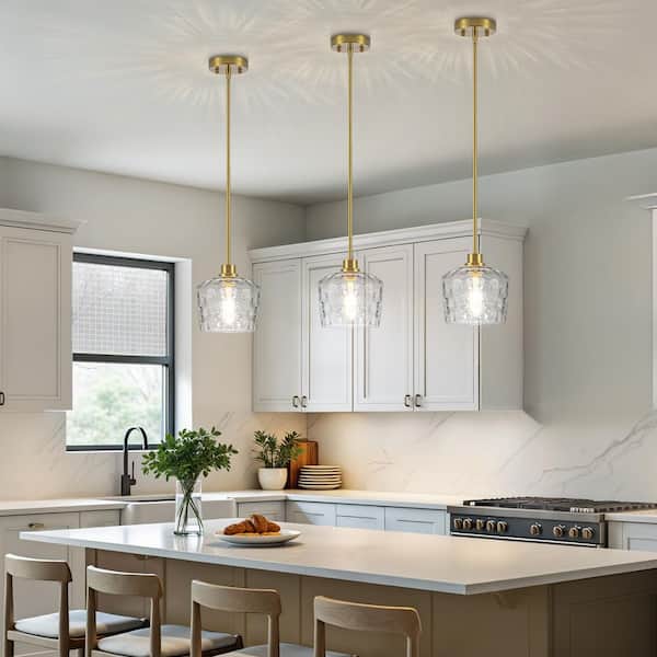 RayHome 1-Light Modern Gold Adjustable Height Pendant Light with Hand-Blow Hammered Glass for Kitchen Island Living Room