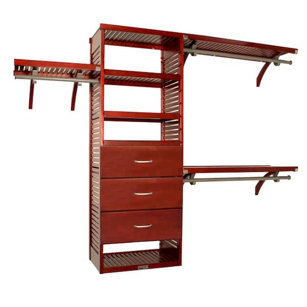 John Louis Home 16 in. D x 120 in. W x 96 in. H Deep Deluxe Wood Closet System with 3 Drawers (10 in. Deep) in Red Mahogany