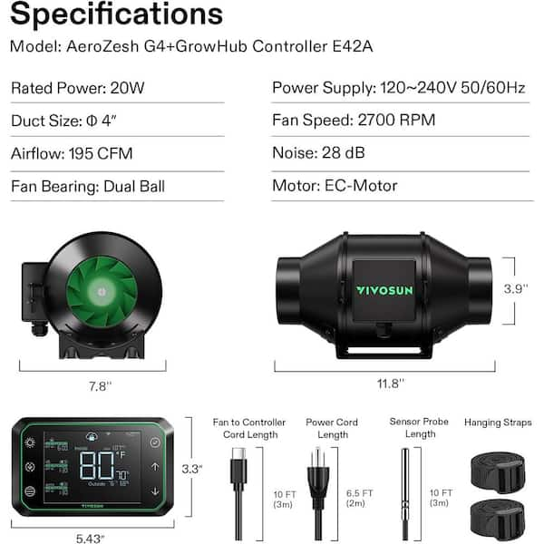 VIVOSUN AeroZesh G4 4 in. 195 CFM Inline Duct Fan with GrowHub 