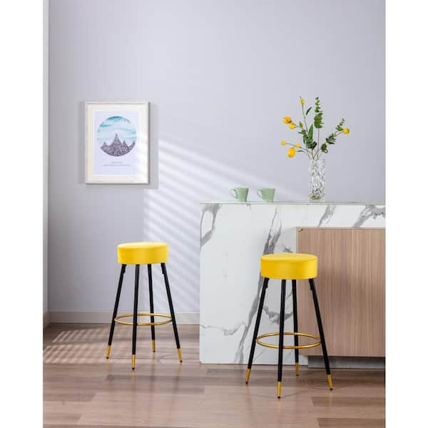 GOJANE 30.31 in. Mustard Backless Metal Counter Height Bar Stools Velvet Kitchen Stools with Foot Rest (Set of 2)