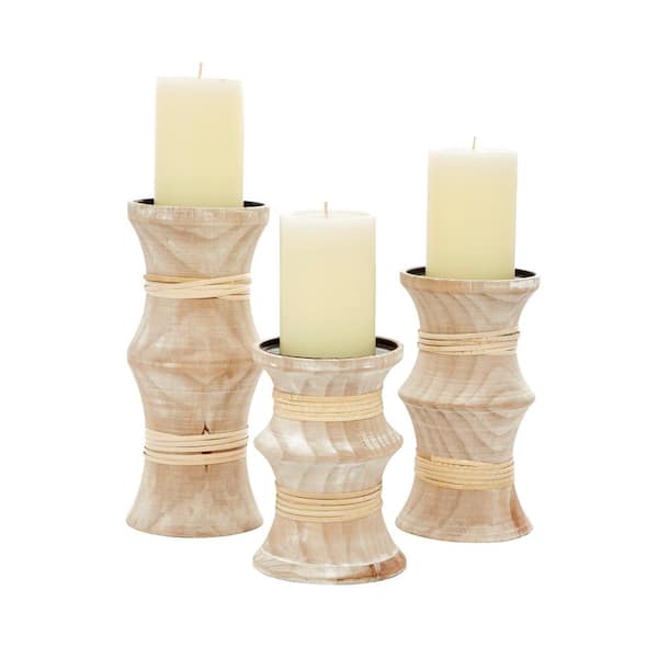 Litton Lane Brown Wood Candle Holder (Set of 3)