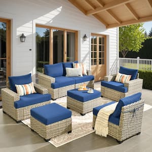 Kelleys 7-Piece Wicker Modern Outdoor Patio Conversation Sofa Seating Set with Navy Blue Cushions