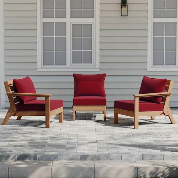 Birchwood Teak Arrangeable Outdoor Patio 3-Piece Deep Seating HDPE Sofa Arm Chair Set w/ Red Cushions