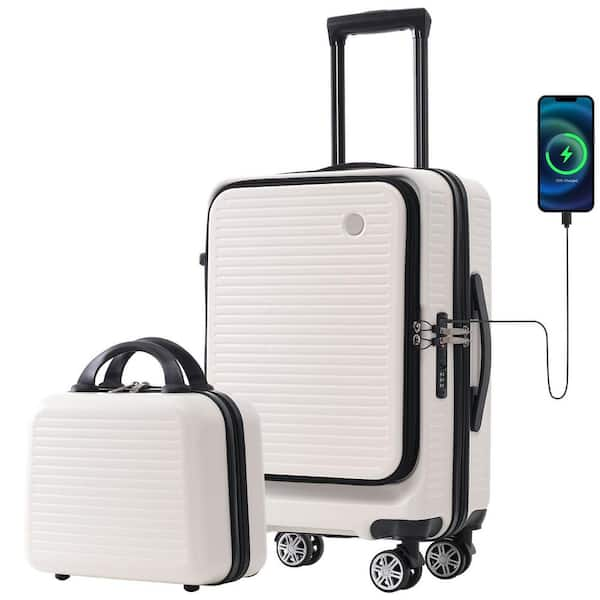 Polibi 22 in.Ivory Front Open Luggage Light Weight Suitcase with Front Pocket and USB Port 1 Portable Carrying Case RS 47848 K The Home Depot