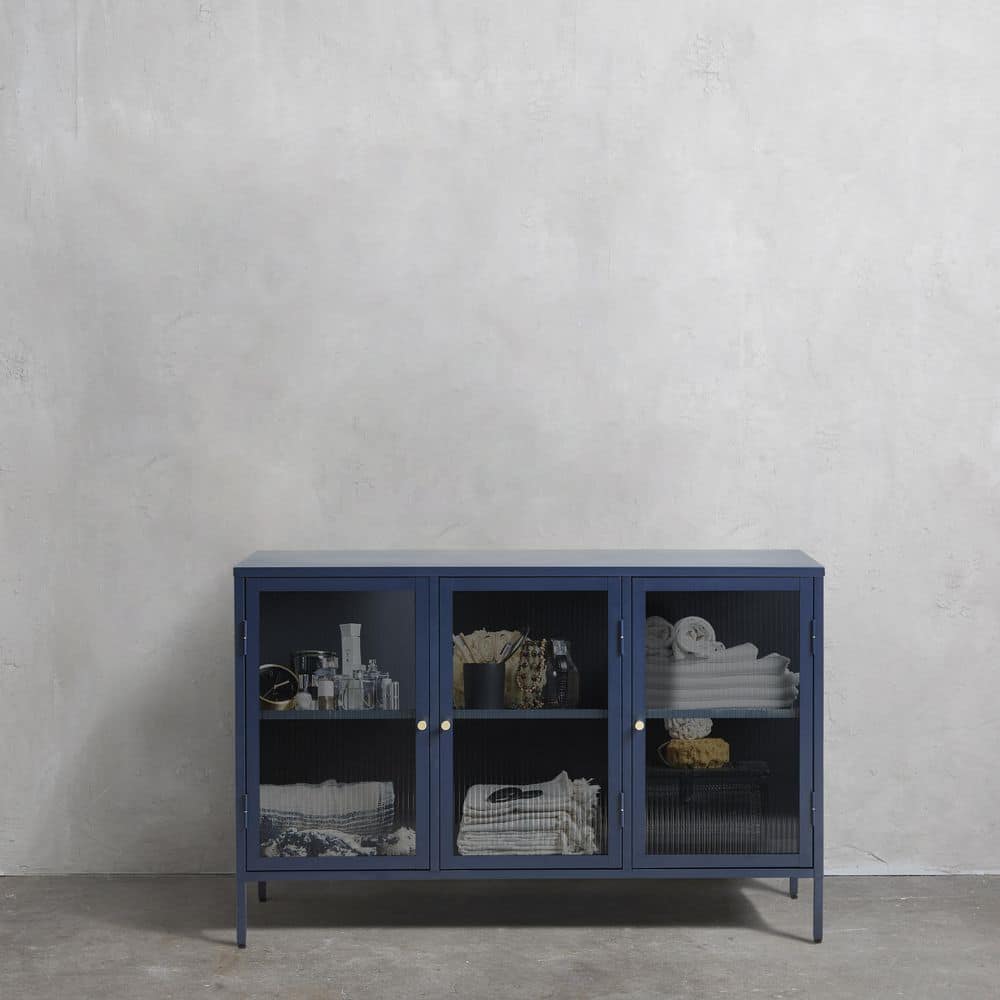 Blue Metal and Glass 3-Door Sideboard with Golden Handles