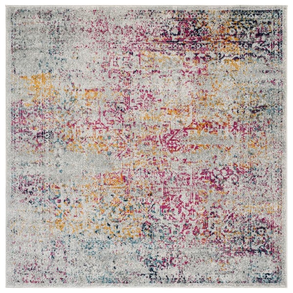Evoke 3 ft. x 3 ft. Square Ivory/Fuchsia Distressed Border Medallion Area Rug