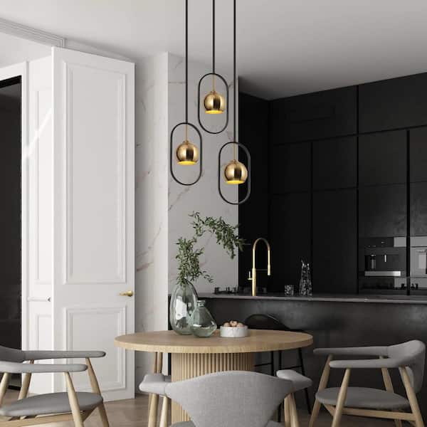 1-Light Black Kitchen Island Globe Pendant Light, Brass-Plated Industrial Pendant Hanging Light, Modern Oval Chandelier