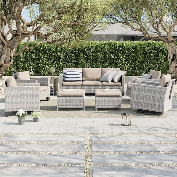 8-Piece Patio Sofa Set Grey Wicker Outdoor Furniture Set Swivel Rocking Sofa, Linen Flax Beige Cushions