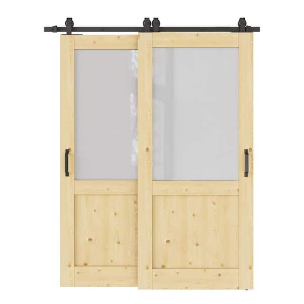 ARK DESIGN 64 in. x 80 in. (Double 36 in.) 1/2-Lite Frosted Glass Unfinished Pine Wood Sliding Barn Door with Hardware Kit Bypass