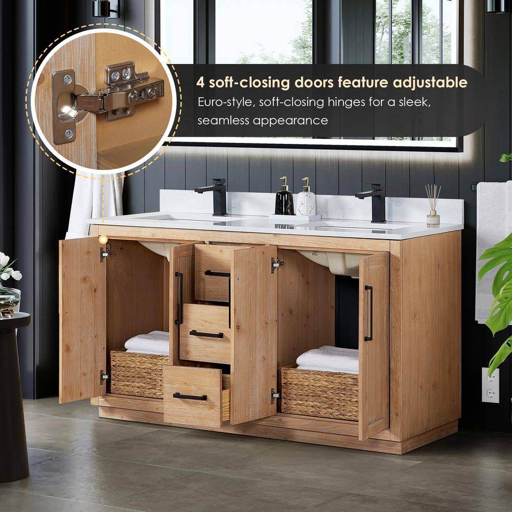 Cicero 60" Light Brown Fir Wood Vanity with White Stone Top and Mirror