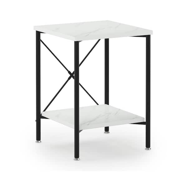BYBLIGHT Kerlin 17.72 in. White Square Faux Marble End Table with Storage Shelves