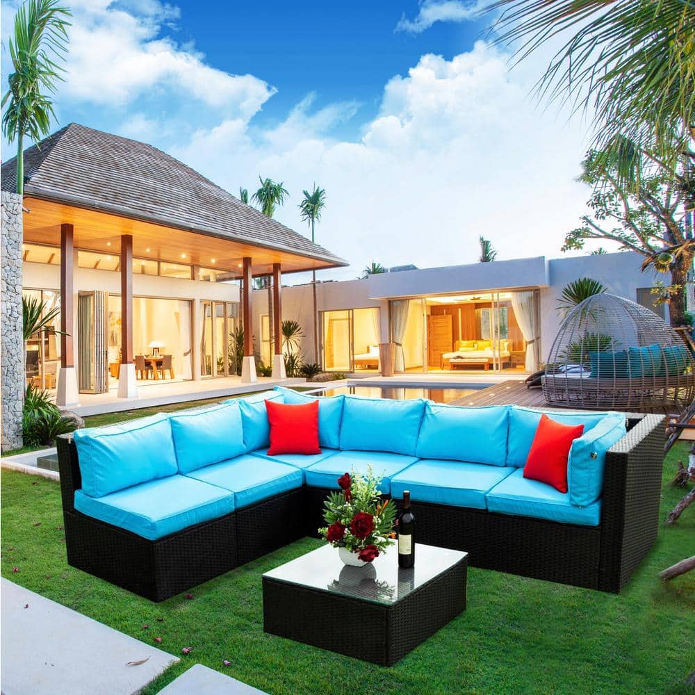 5-Pieces Gray PE Wicker Rattan Outdoor Sectional Furniture Sofa Set with Bl