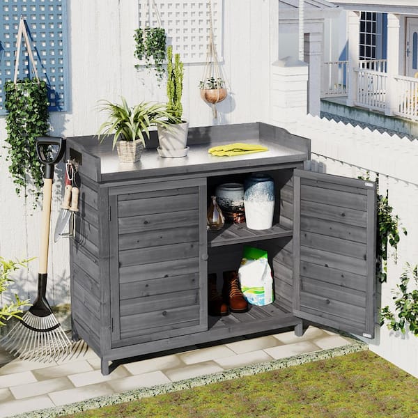 39 in. W x 19 in. D x 37.4 in. H Grey Fir Wood Outdoor Storage Cabinet with Galvanized Tabletop and Side Hook
