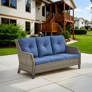 3-Seat Gray PE Wicker Outdoor Couch with Blue Cushions and Curved Arm Design