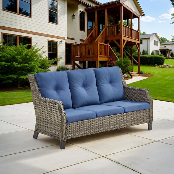 moosprr 3-Seat Gray PE Wicker Outdoor Couch with Blue Cushions and Curved Arm Design