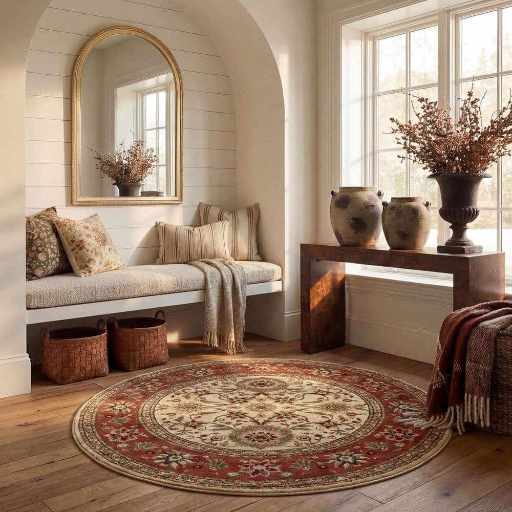 Lyndhurst 8 ft. x 8 ft. Round Ivory/Rust Border Floral Antique Area Rug price history on PriceWatchPro