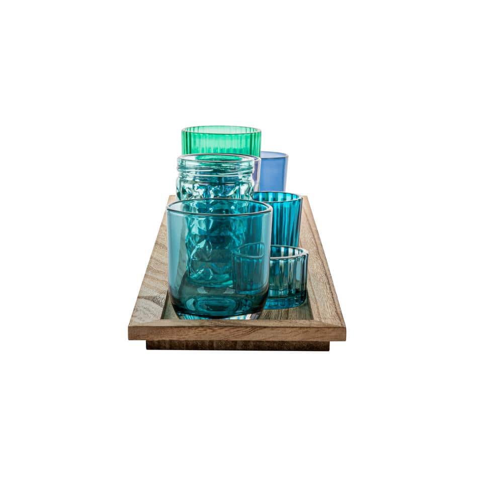 Oceanic Bliss Wood Tray with Blue & Green Glass Votive Set